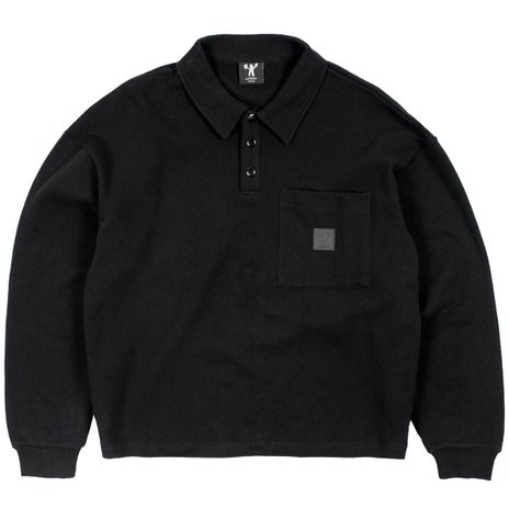 Candice Waffle Knit Longsleeve Polo in Black