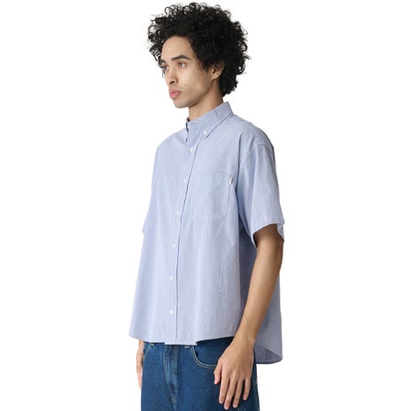 S/Double Classic Oxford S/S Shirt in Navy Stripe