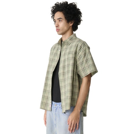 S/Double Ground Plaid S/S Shirt in Sage Green