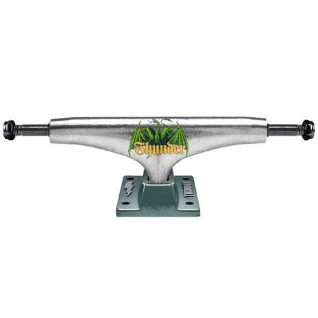 Thunder Medieval Script Team Edition Skateboard Trucks in Polished/Teal